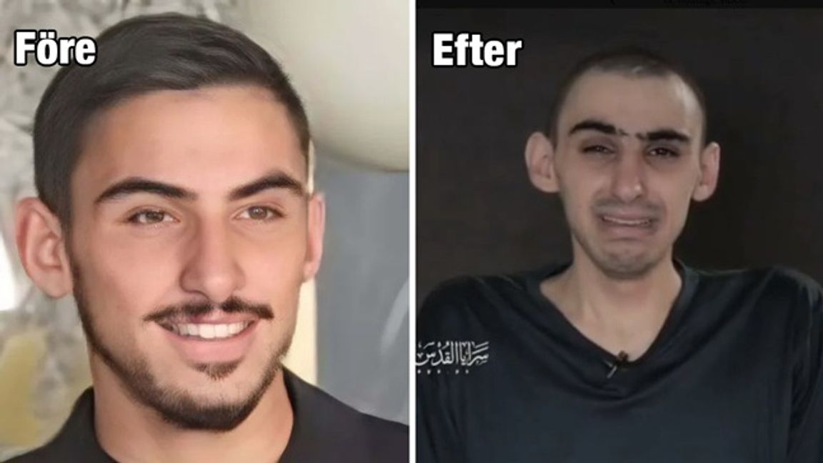 Rom Braslavski innan han kidnappades av muslimska terrorister och idag. Foto: X