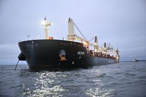 Lastfartyget Vezhen ligger på måndagen ankrat utanför Karlskrona. Johan Nilsson/TT