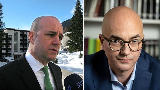 T.v: Dåvarande statsminister Fredrik Reinfeldt drev på för öppnare arbetskraftinvandring i Davos 2014, t.h: LO:s chefsekonom Torbjörn Hållö. Bild: Maria Davidsson/TT/Anders Wiklund / TT