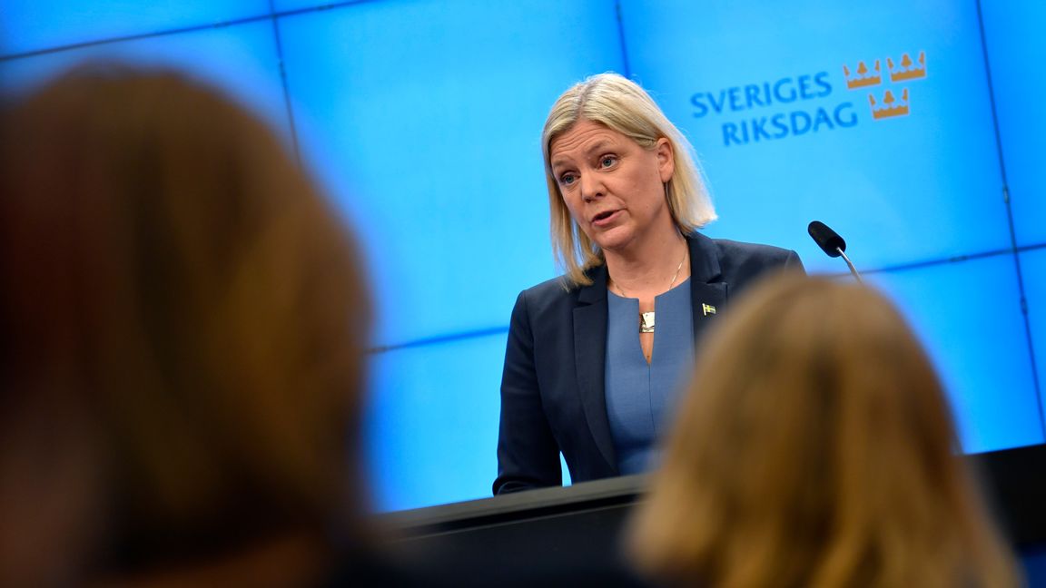 tatsminister Magdalena Andersson (S) under en pressträff under onsdagen. Foto: Pontus Lundahl/TT