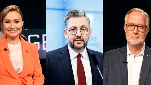 Partiledarna Ebba Busch (KD), Muharrem Demirok (C), och Johan Pehrson (L). Foto: TT