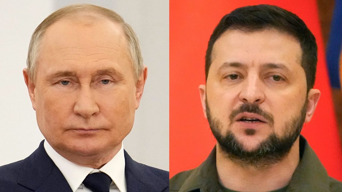 Ryska presidenten Vladimir Putin och ukrainska presidenten Volodymyr Zelenskyj. Foto: AP/TT 