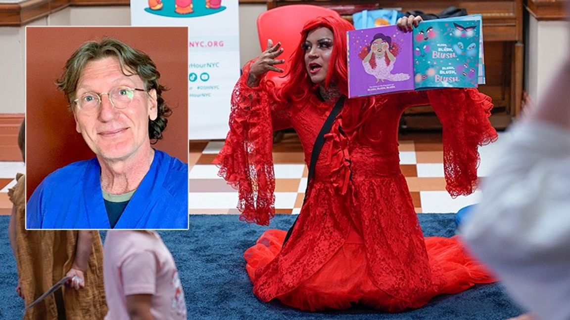 Dagens debattör Mars Reimer och ”Flame”, drag queen som läser sagor på bibliotek i New York City. Foto: Seth Wenig/AP/TT