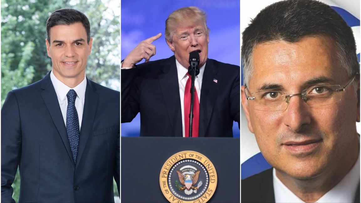 Pedro Sánchez, Donald Trump och Gideon Saar. Foto: Pool Moncloa, Public Domain/Gage Skidmore, CC BY-SA 2.0/Ziv Koren, CC BY-SA 4.0/Wikimedia Commons