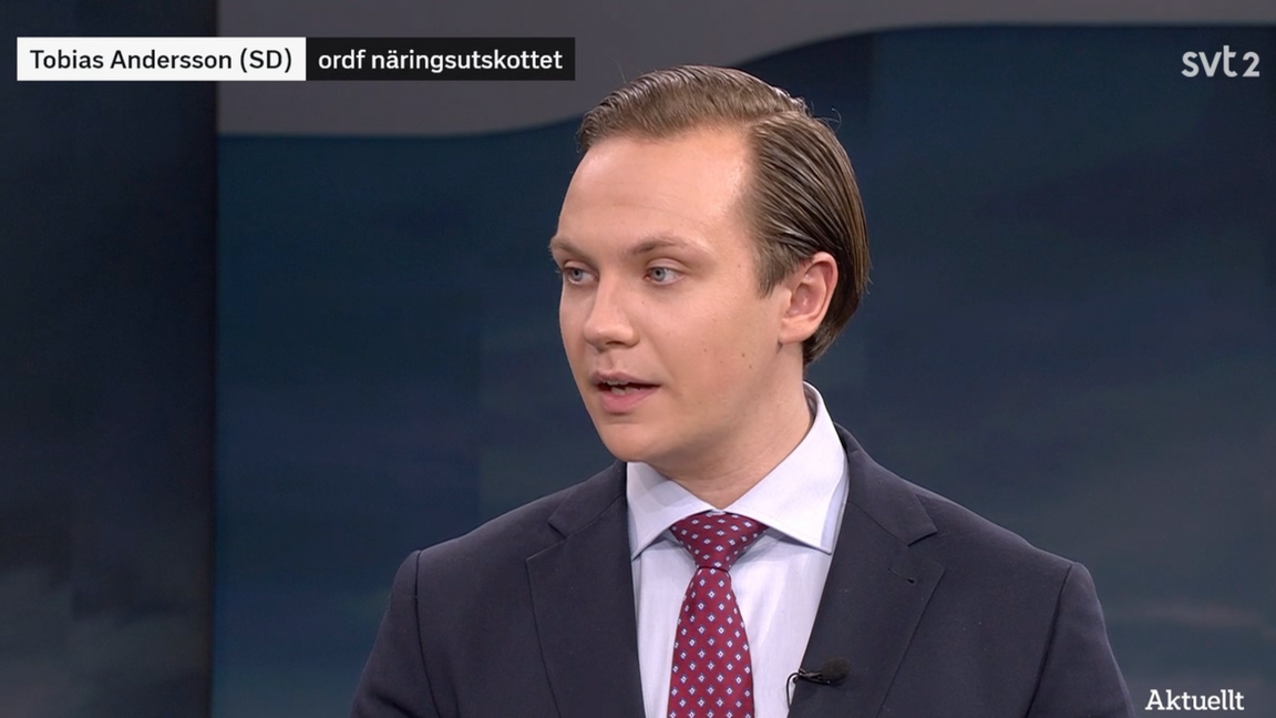 Tobias Andersson (SD) presenterar förslag om att omvandla Northvolts tomma fabrikslokaler till ett storskaligt fängelse. Foto: SVT