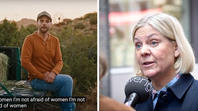 Ett försök från amerikanska Demokratiska partiet att engagera väljare inför presidentvalet i höstas, bland annat med reklamfilmen som syns till vänster, misslyckades. Men debattören Payam Moula ser ändå en satsning på män som en god idé för Socialdemokraterna och partiledaren Magdalena Andersson. Foto: Axel Narving/TT/Youtube