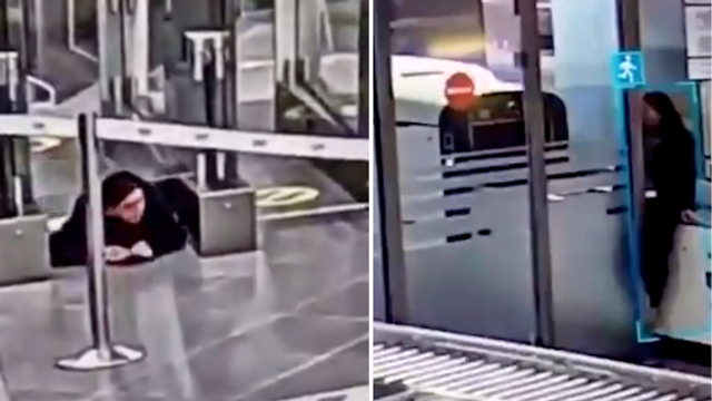 Övervakningsfilmen som cirkulerar på sociala medier visar hur kvinnan tar sig förbi säkerhetskontrollen på Belgrads flygplats. Foto: Skärmdump/X @Pedijijatar