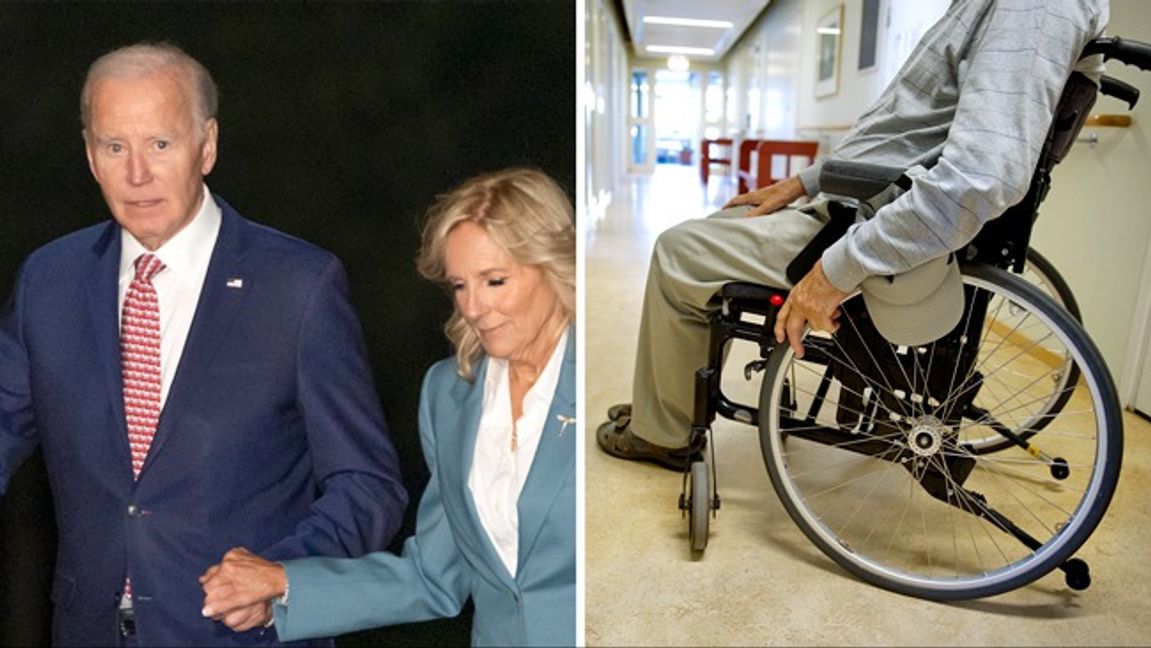 Joe Biden, till vänster, leddes ofta runt av sin fru Jill Biden. Rullstolen till höger är en genrebild. Foto: AP/Jessica Gow/TT