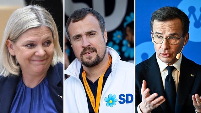 SD-toppen Magnus Olsson (mitten) pekar ut S som en naturlig samarbetspartner framöver. Foto: Jessica Gow/Johan Nilsson/Christine Olsson/TT