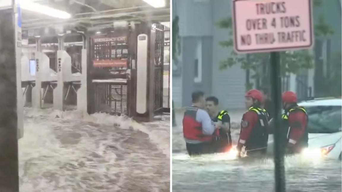 Flera delar av New York drabbas hårt av skyfall – tunnelbanor svämmas över och räddningstjänst hjälper människor ur sina bilar ute i förorten Nanuet. Foto: Skärmdumpar via X och CBS News/YouTube