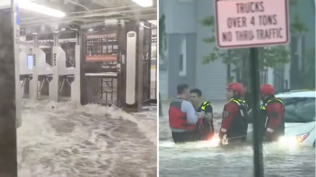 Flera delar av New York drabbas hårt av skyfall – tunnelbanor svämmas över och räddningstjänst hjälper människor ur sina bilar ute i förorten Nanuet. Foto: Skärmdumpar via X och CBS News/YouTube