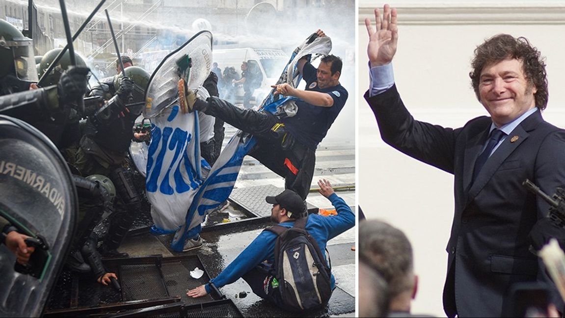 Lokala medier beskrev onsdagens scener i Buenos Aires som ett ”slagfält”. De våldsamma protesterna vände sig mot president Javier Mileis reformer. Foto: Gustavo Garello/Salvador Melendez/AP/TT