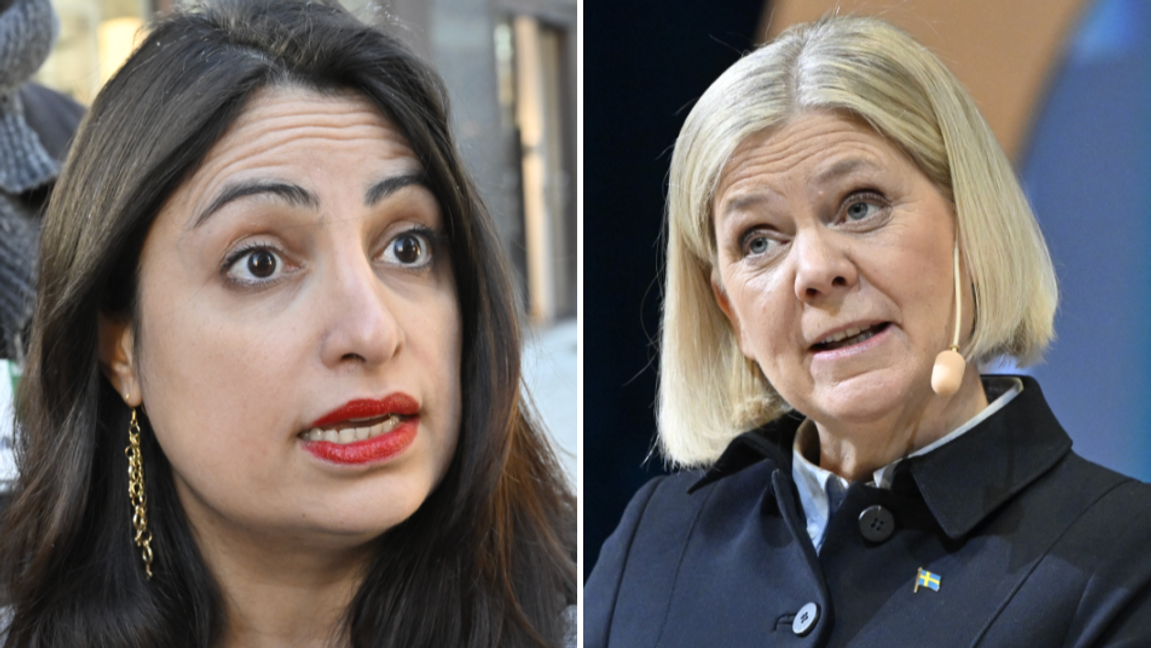 Vänsterledaren Nooshi Dadgostar (t.v) och S-partiledaren Magdalena Andersson (t.h). Dadgostar ser socialdemokraternas svängning om budgetreglerna som en seger för partiets krav på ökade offentliga utgifter. Montage. Foto: Jonas Ekströmer/TT