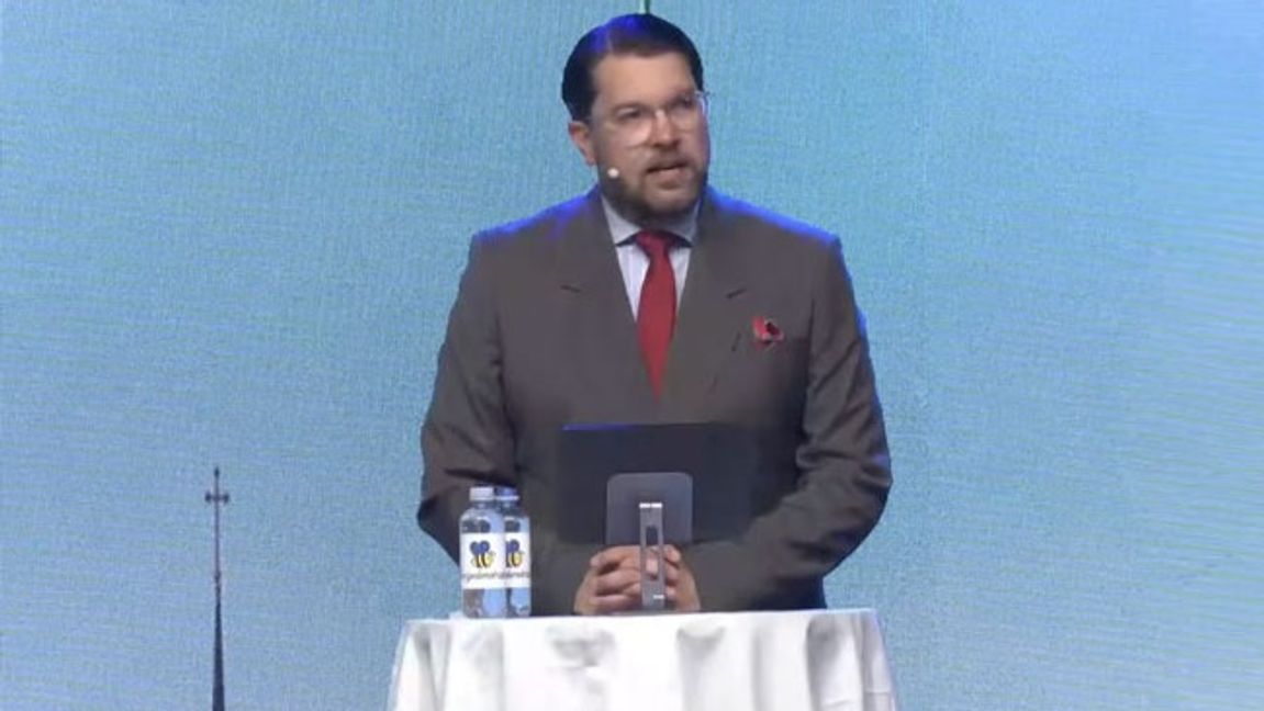 Jimmie Åkesson under sitt tal. Foto: Skärmdump/Youtube.