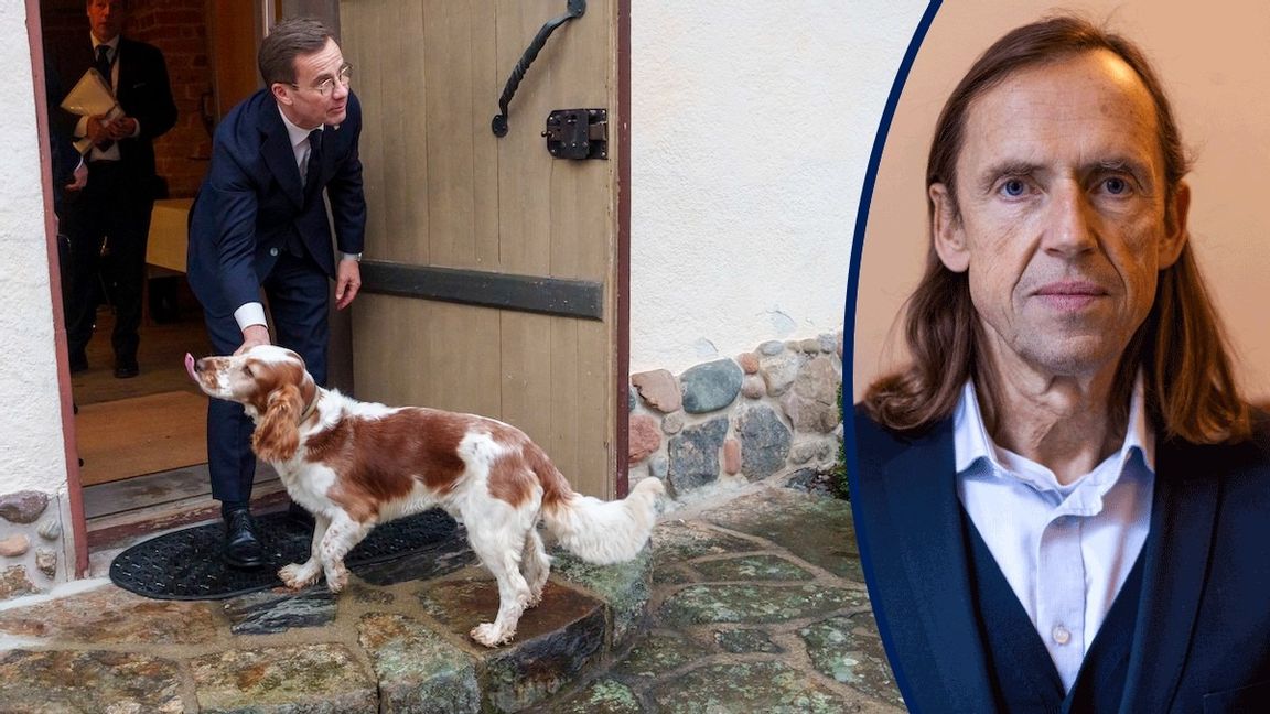 Statsminister Ulf Kristersson (M) med hunden Winston på Harpsund. Foto: Cornelius Poppe/NTB/TT