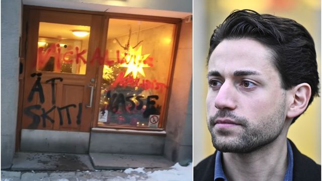 Journalisten Nick Alinia har fått sin port nerklottrad. Foto: Skärmdump Youtube/Christine Olsson/TT