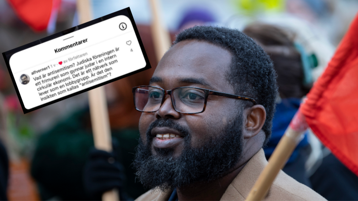 V-ledamoten Malcolm Jallow anklagas för att ha gillat en antisemitisk kommentar på Instagram. Infälld syns den kontroversiella kommentaren som beskriver judiska föreningar som ”ett frimureri”. Foto: Johan Nilsson/TT, skärmdump via X
