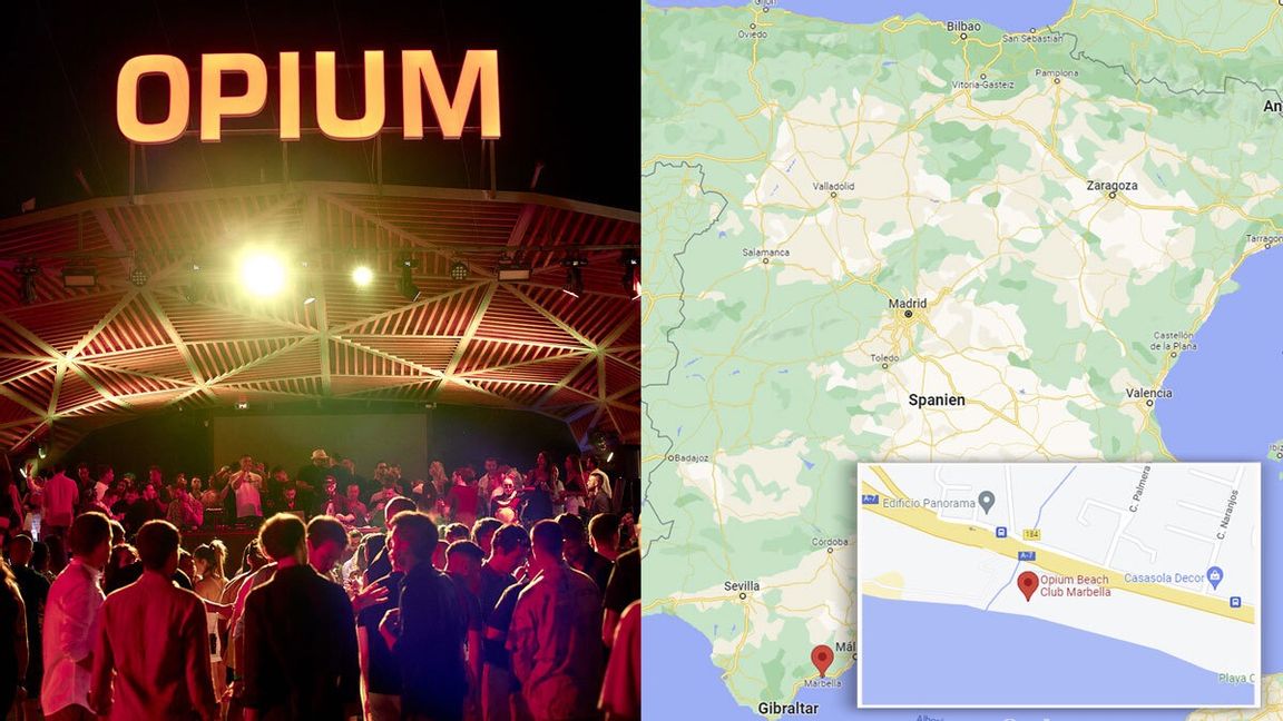 Skjutning inne på nattklubben Opium i Marbella Foto: Opium Beach Club Marbella och Google Maps