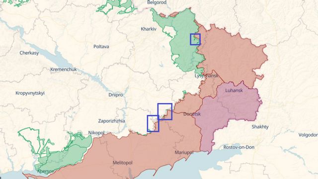 Övergripande lägeskarta över fronterna i Ukraina med områden med lokala ukrainska motoffensiver markerade med blått runt sig. Grundkarta: Deepstate