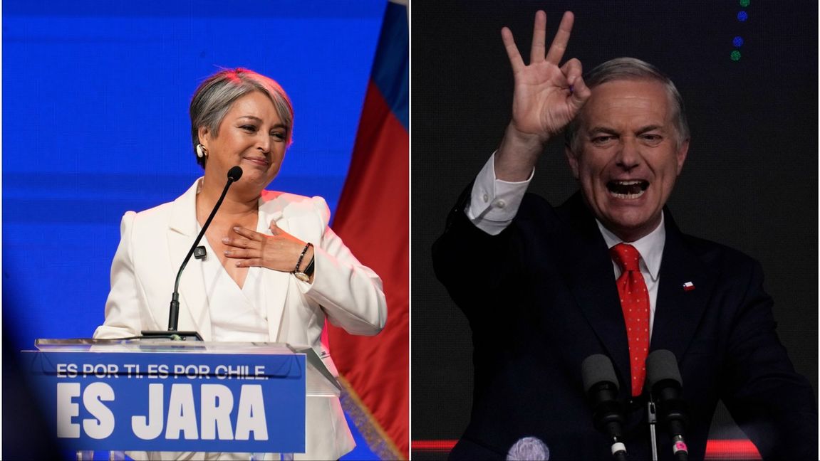 Jeannette Jara och José Antonio Kast möter varandra i Chiles nästa valomgång om ungefär en månad. Foto: Natacha Pisarenko/AP/TT/Esteban Felix/AP/TT