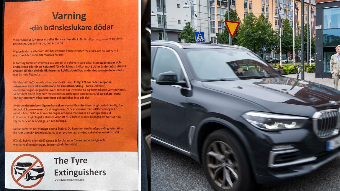 Däck på fordon i Göteborg tömdes på luft. Foto: Twitter (lapp) / Sofia Ekström/SvD/TT (SUV, Stadsjeep)