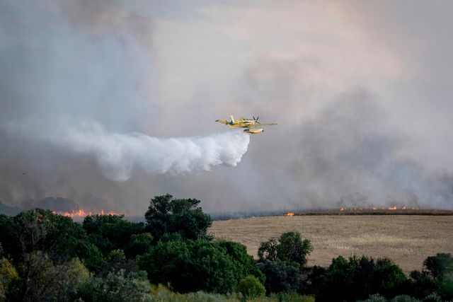 Ett brandbekämpningsflyg arbetar med att släcka en skogsbrand i närheten av Spaniens huvudstad Madrid på torsdagen. Foto: A. Pérez Meca/AP/TT