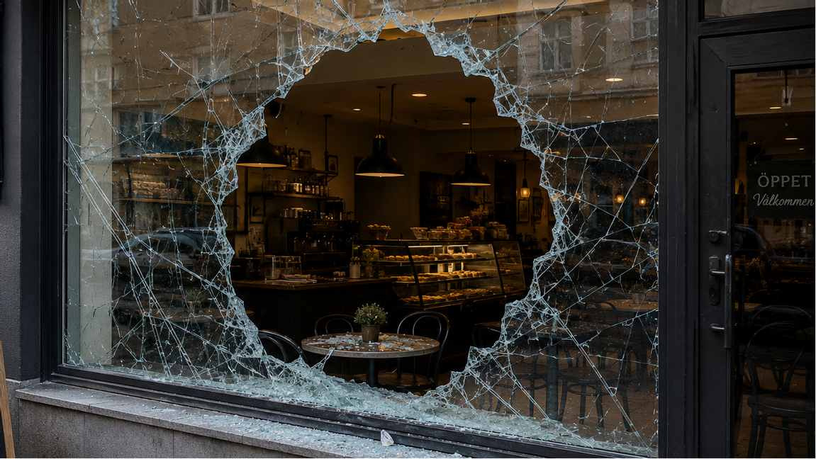 Ett krossat fönster och barn som ser de vuxna titta bort är en bra grogrund för ytterligare brottslighet. Bild:AI
