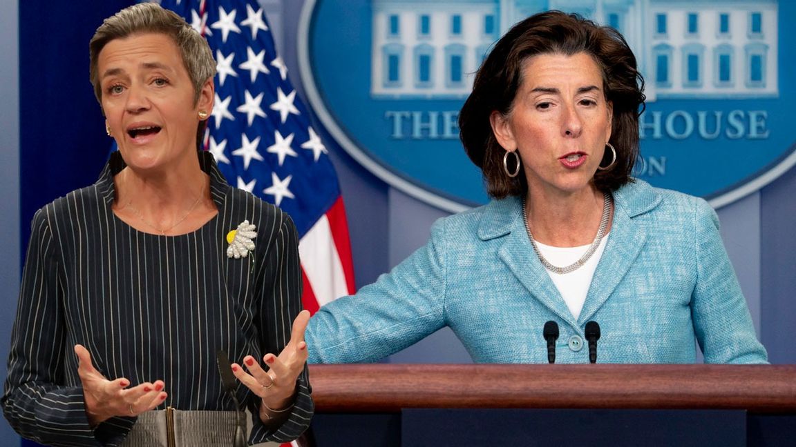 EU:s digitaliseringsansvariga Margrethe Vestager till vänster och USA:s handelsminister Gina Raimondo till höger. Foto: AP/TT - Montage