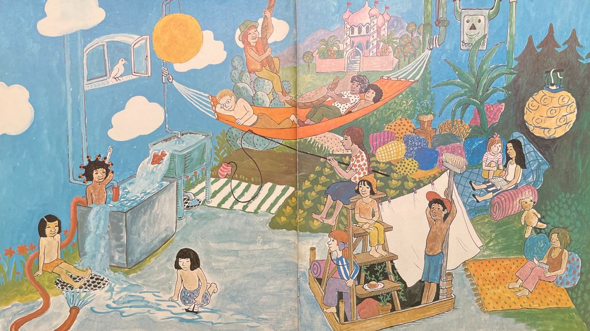 Mångkulturell harmoni ur Vi bor i samma hus (FN-förbundet, 1973) skriven av Birgitta Gedin och Anna-Lena Wästberg med teckningar av Margareta Lööf.