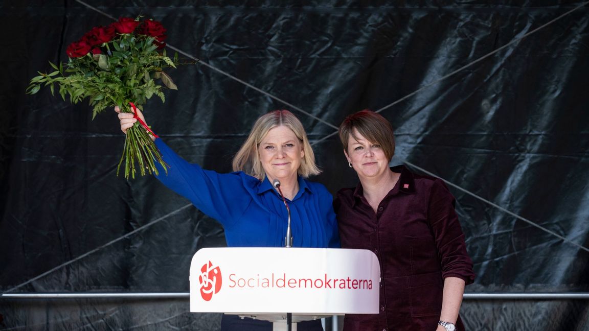 Magdalena Andersson och Malmös KSO Katrin Stjernfeldt Jammeh tillsammans från första maj-firandet i Malmö i år. Foto: Johan Nilsson/TT