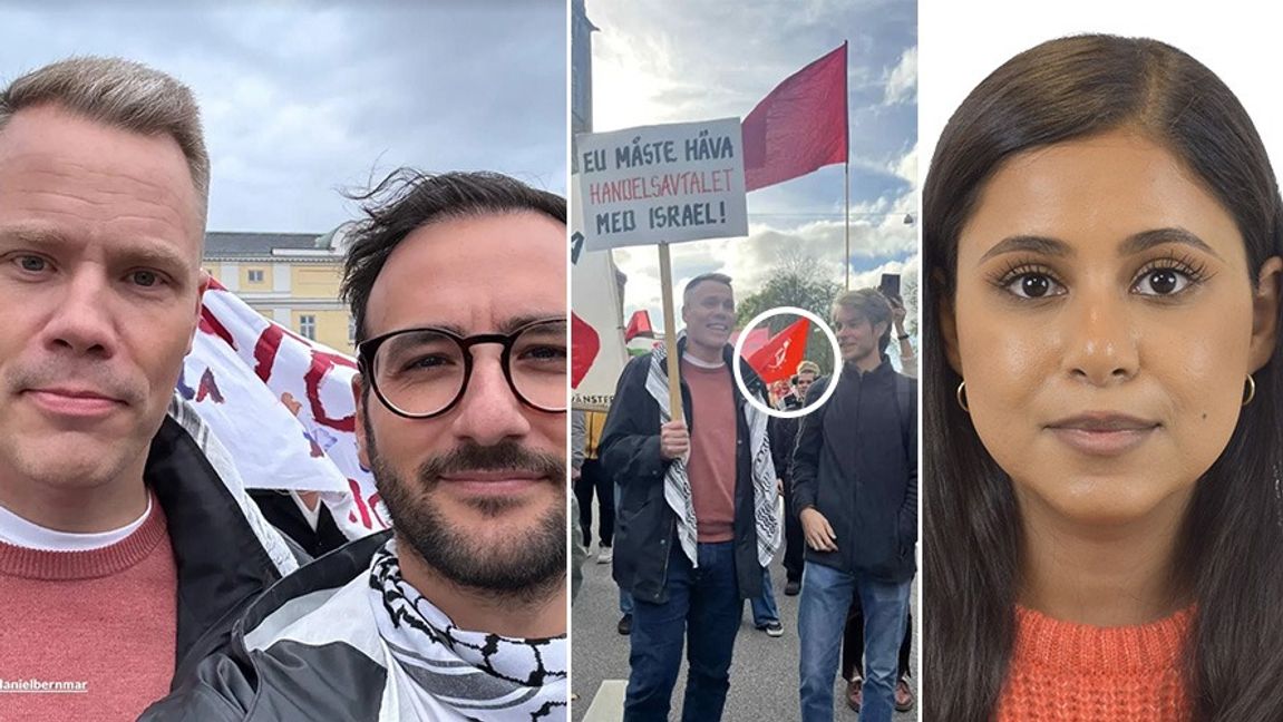 Till vänster: Daniel Bernmar (V) och Tony Haddou vid söndagens demonstration i Göteborg. I mitten: Daniel Bernmar vid demonstrationen med en PFLP-flagga i bakgrunden (inringad). Till höger: Nadja Awad (V). Foto: Facebook/Sveriges Riksdag