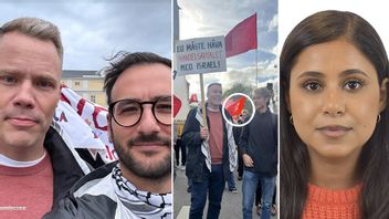 Till vänster: Daniel Bernmar (V) och Tony Haddou vid söndagens demonstration i Göteborg. I mitten: Daniel Bernmar vid demonstrationen med en PFLP-flagga i bakgrunden (inringad). Till höger: Nadja Awad (V). Foto: Facebook/Sveriges Riksdag