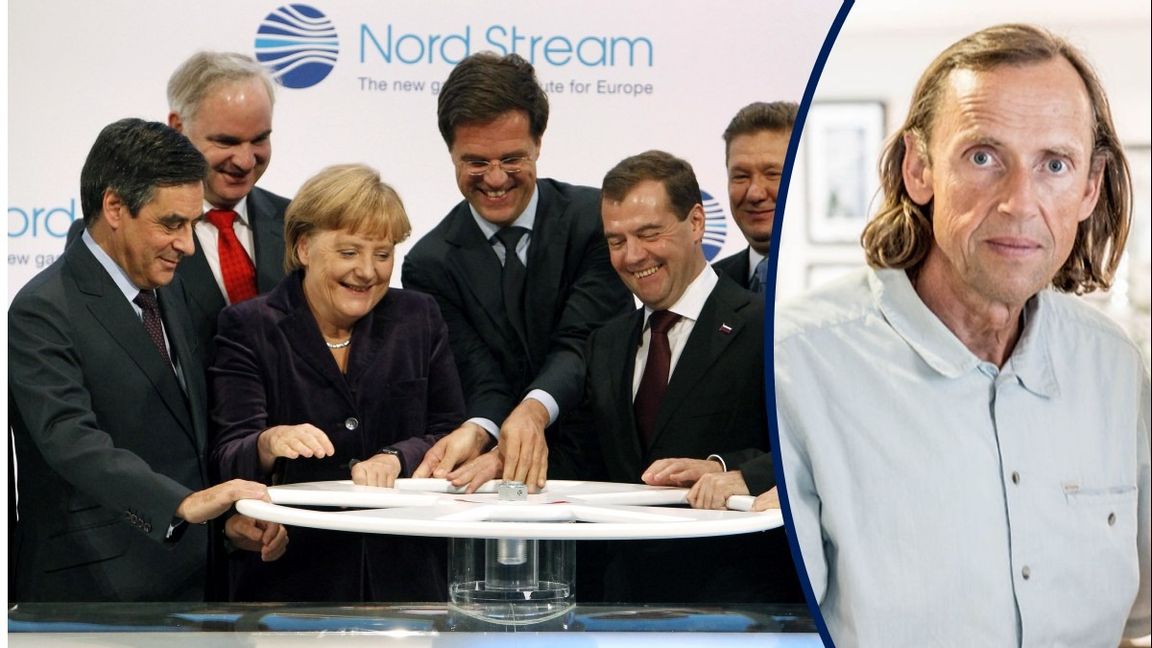 Glada miner när den tysk-ryska gasledningen Nord Stream 1 togs i bruk 2011. Längst fram dåvarande franske premiärministern Francois Fillon, Angela Merkel, Nederländernas premiärminister Mark Rutte och ryske presidenten Dimitri Medvedev. Foto: Jens Koehler/AP/TT