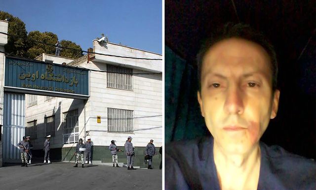 Ingången till Evinfängelset. Till höger den senaste utsmugglade bilden på Ahmadreza Djalali, tagen innan han fick en hjärtinfarkt i maj. Foto: Ehsan Iran/AP/TT och privat