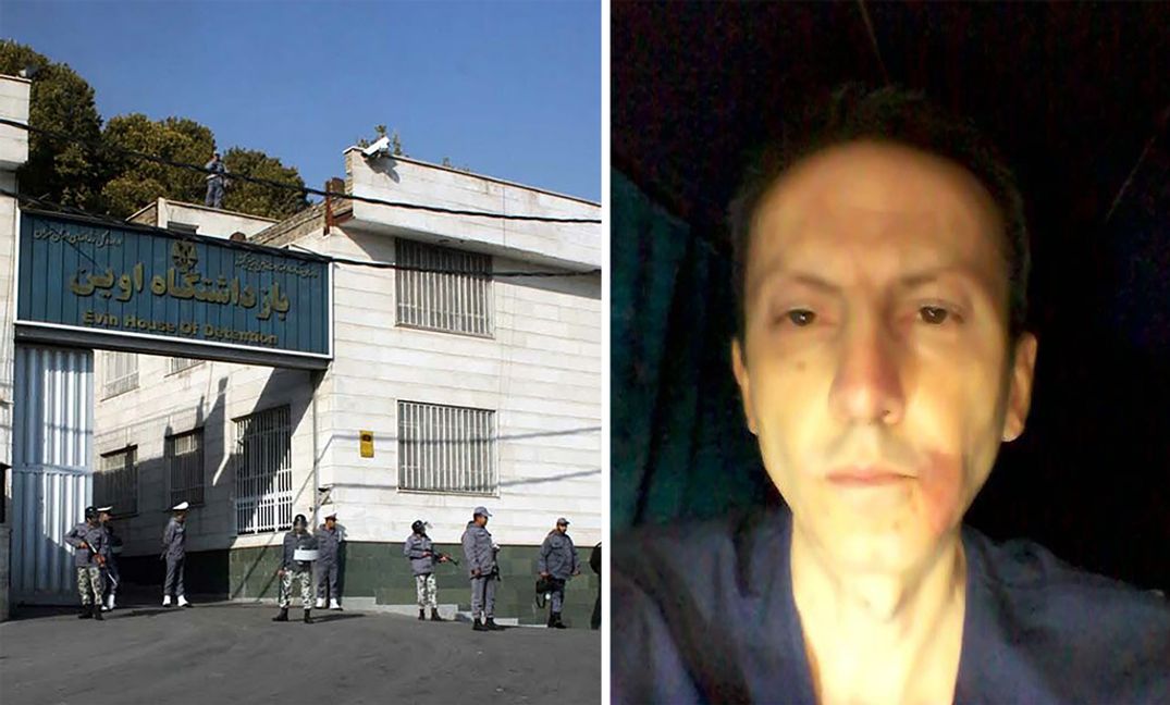 Ingången till Evinfängelset. Till höger den senaste utsmugglade bilden på Ahmadreza Djalali, tagen innan han fick en hjärtinfarkt i maj. Foto: Ehsan Iran/AP/TT och privat