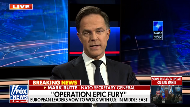 Natos generalsekreterare Mark Rutte ger två tummar upp till ”Operation Epic Fury”. Foto: Skärmavbild, Fox News via YouTube