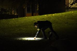 Polisen arbetar på platsen där ett bostadshus besköts på lördagskvällen. Oscar Olsson/TT