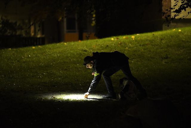 Polisen arbetar på platsen där ett bostadshus besköts på lördagskvällen. Oscar Olsson/TT
