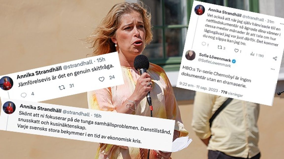 Annika Strandhäll hamnade under måndagskvällen i en lång diskussion på plattformen X om kusinäktenskap. Bild: Adam Ihse / TT / Faksimil X