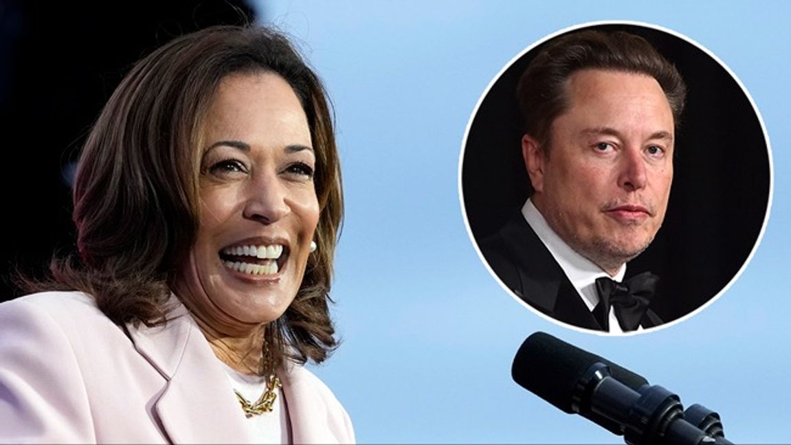 Elon Musk, till höger, uppmärksammar en faktagranskning av ett inlägg från USA:s vicepresident Kamala Harris. Bilden är ett montage. Foto: AP