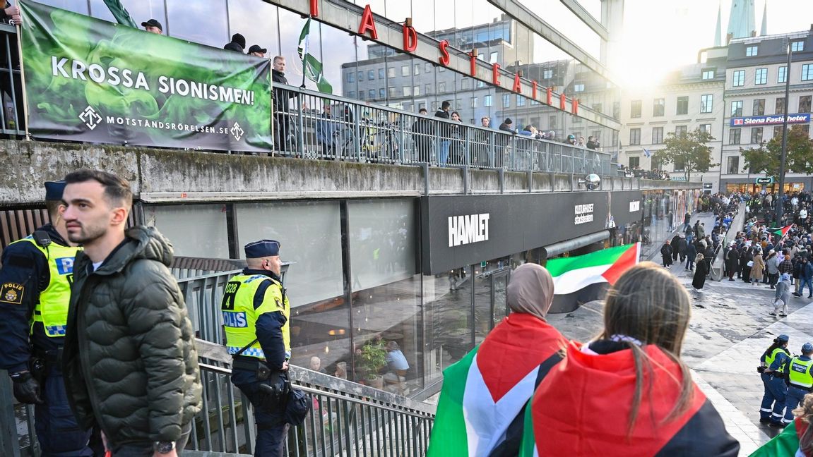 Nordiska motståndsrörelsens banderoll och palestinska flaggor vid demonstrationen på Sergels torg förra söndagen Foto: Henrik Montgomery/TT