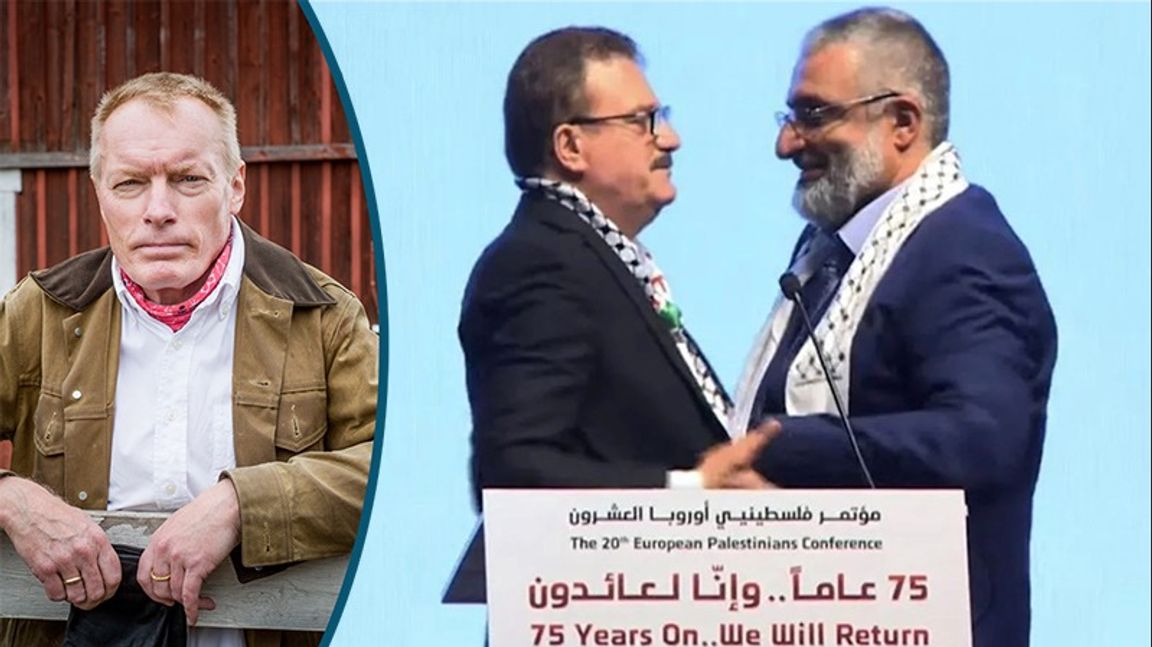 Jamal El-Haj i sällskap med den Hamas-aktivisten Amin Abu Rashid på Palestinakonferensen. Foto: Gustav Mårtensson / Skärmavbild Facebook.
