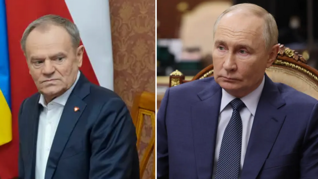 Donald Tusk och Vladimir Putin. Polens statsminister anklagar Ryssland för att ha planerat terrorattacker mot civila flygplan. Foto: AP