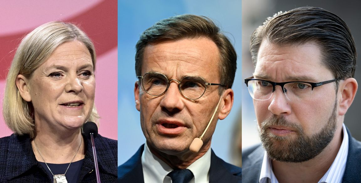 Kollage av Magdalena Andersson (S) Ulf Kristersson (M) och Jimmie Åkesson (SD) Bilderna är tagna under valhelgen den 10–11 september 2022. Foto: Claudio Bresciani/Fredrik Sandberg /Johan Nilsson/TT