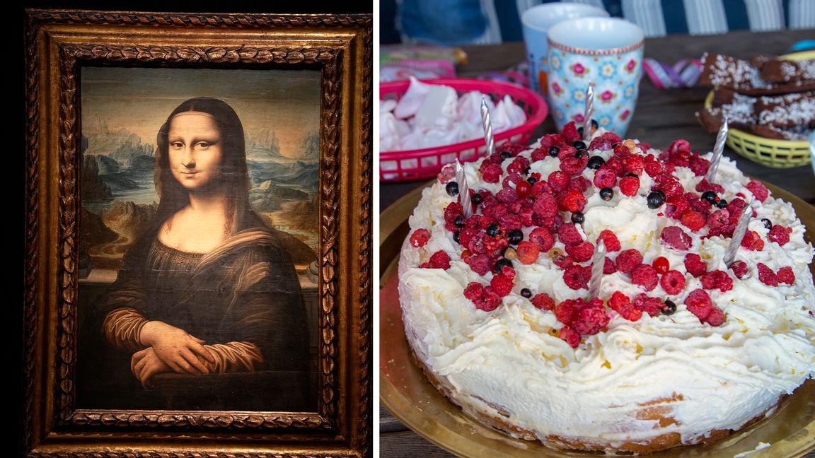 En utklädd klimataktivist kastade en gräddtårta mot Mona Lisa. Foto: Michel Euler/AP/TT / Martina Holmberg/TT