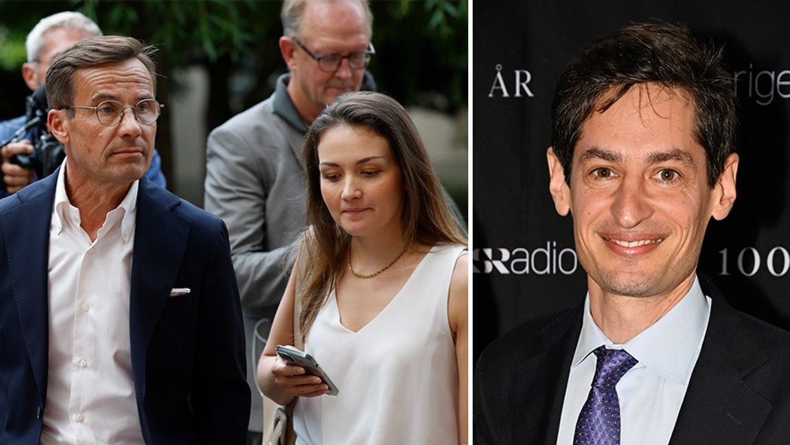 Till vänster: Ulf Kristersson med sin presschef Siri Steijer. Till höger: Dagens Nyheters chefredaktör Peter Wolodarski. Foto: Fredrik Persson/Henrik Montgomery/TT