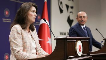 Utrikesminister Ann Linde (S) och Turkiets utrikesminister Mevlut Cavusoglu. Fotot är taget vid en pressträff i Ankara, Turkiet i oktober 2020. Foto: AP Photo/Burhan Ozbilici.