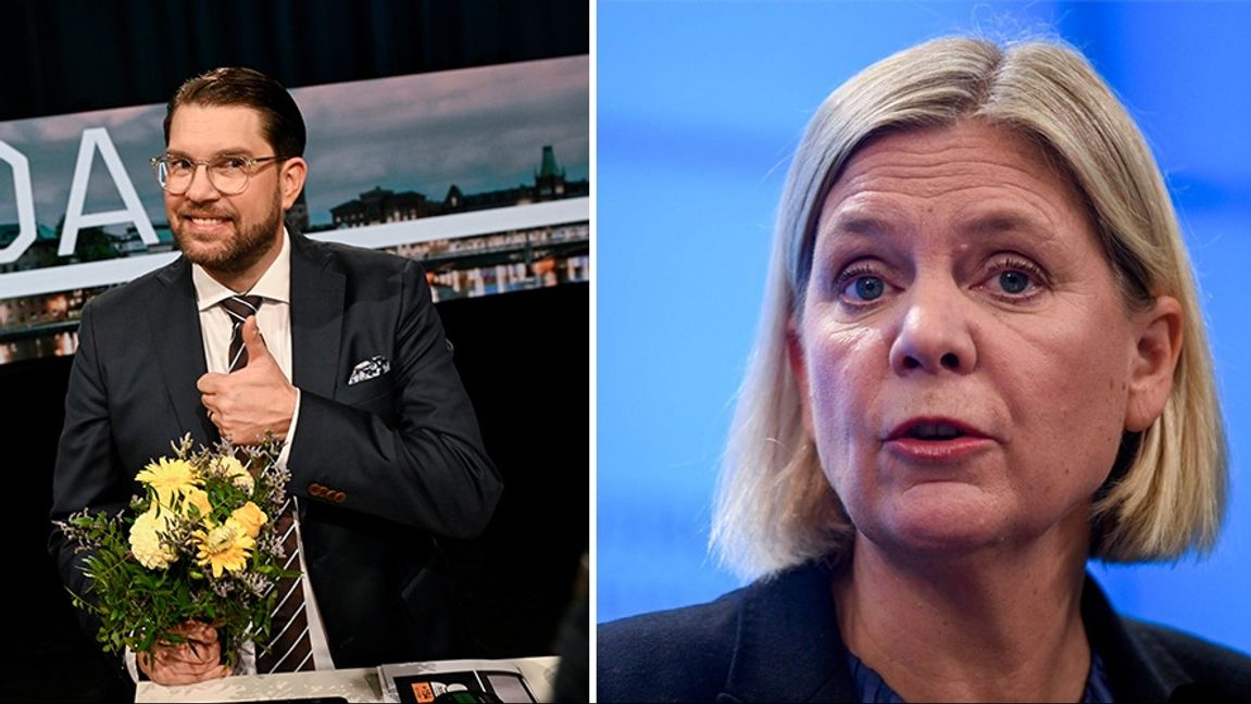 Uppåt för SD, nedåt för S i senaste mätningen från SR/Indikator Opinion. Förändringarna är dock inom felmarginalen. Foto: Pontus Lundahl/Jakob Åkersten Brodén/TT