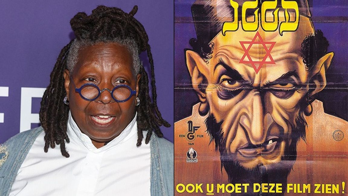 Whoopi Goldberg och en karikatyr av en...vit person? Foto: Andy Kropa/AP/TT / Filmaffisch för ”Den evige juden” (1940).