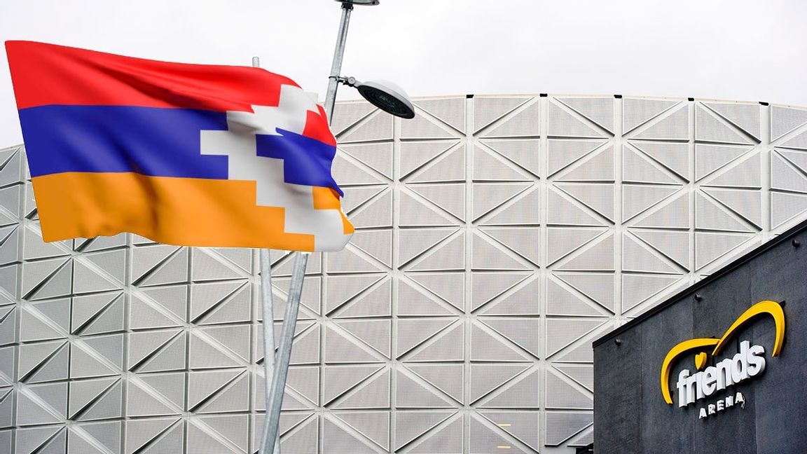 Friends Arena i Solna med Artsachs flagga infälld. Foto: Pontus Lundahl/TT